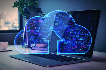 Digital cloud upload icon with data overlay on laptop screen in modern office setting.