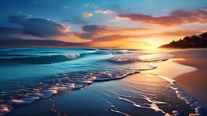 A dreamy, heavenly panoramic backdrop of a tranquil beach sunset