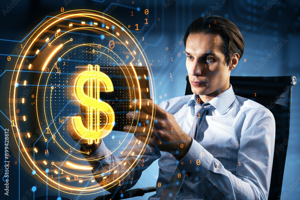 Wall mural digital currency concept with businessman using a tablet and dollar symbol hologram.