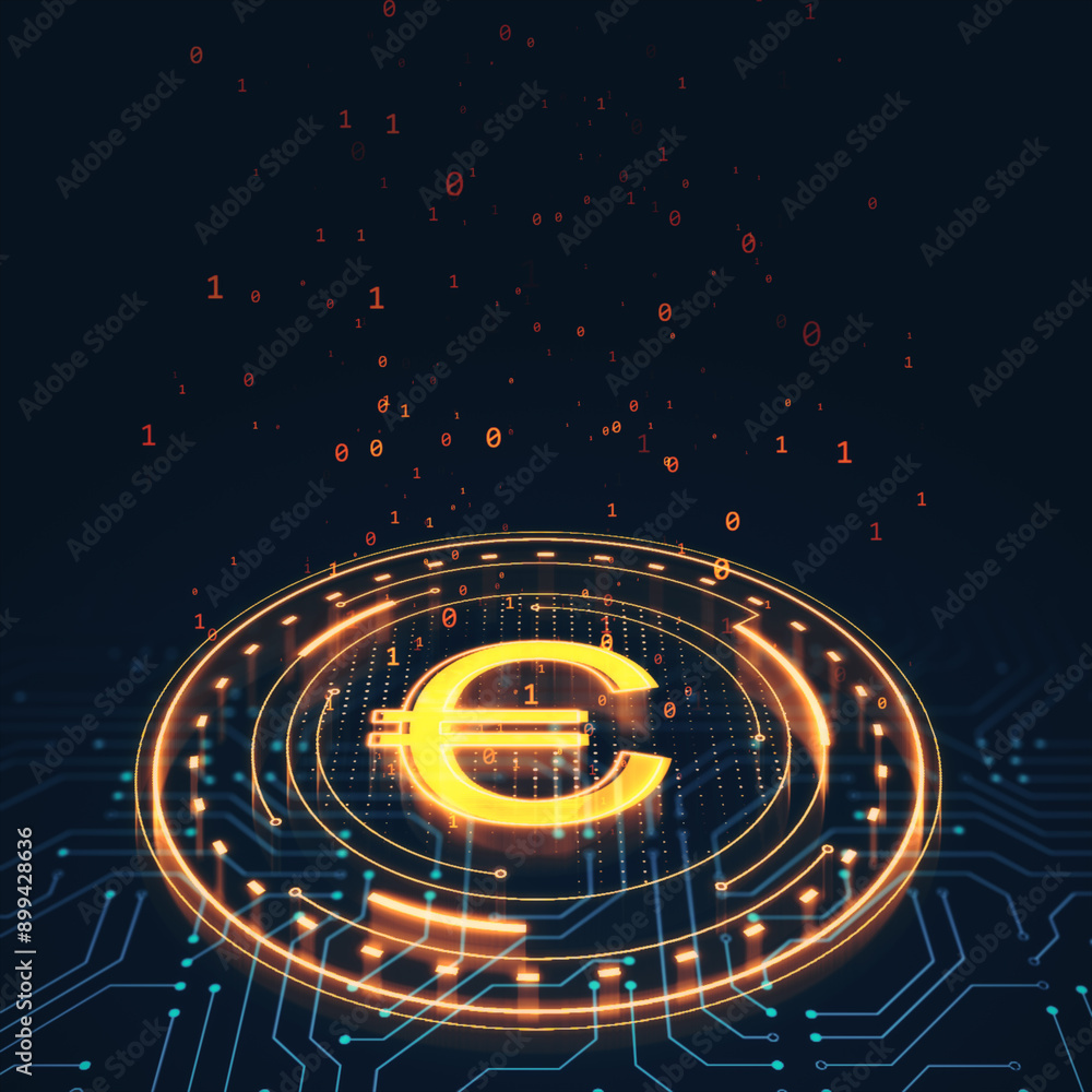 Aufkleber Glowing Euro Symbol with Digital Binary Code on Dark Background. 3D Rendering
