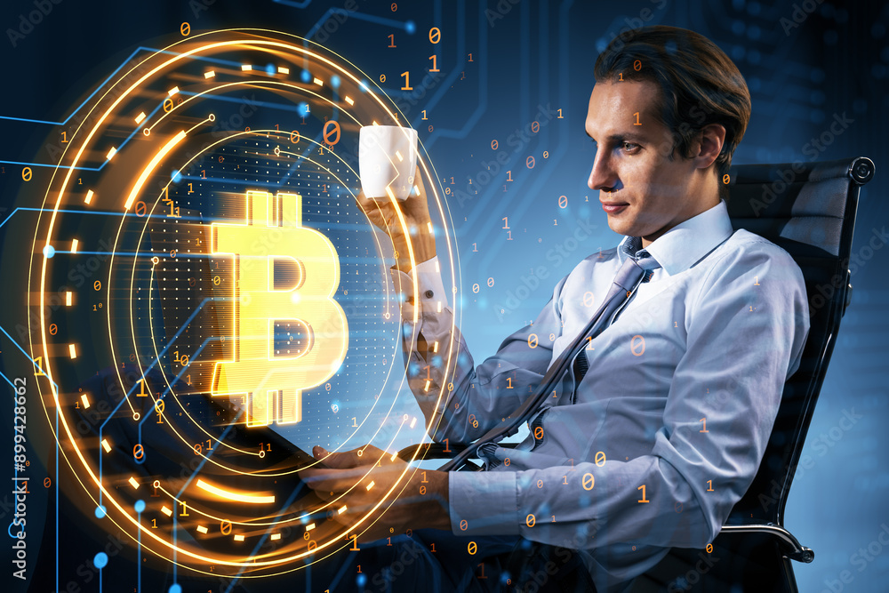 Poster businessman exploring bitcoin technology on a digital background.