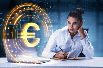 Woman working at desk with holographic euro symbol and digital data overlay on blue background.