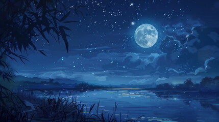 The boundless plain with stars in the sky, The moon with the river, and mountains, chinese style painting