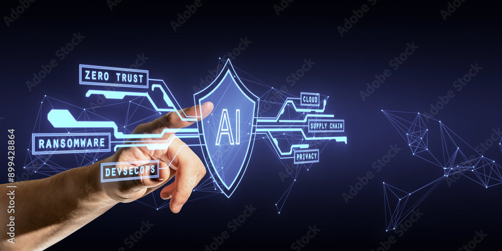 Poster hand interacting with ai cybersecurity icons on a dark neon background.