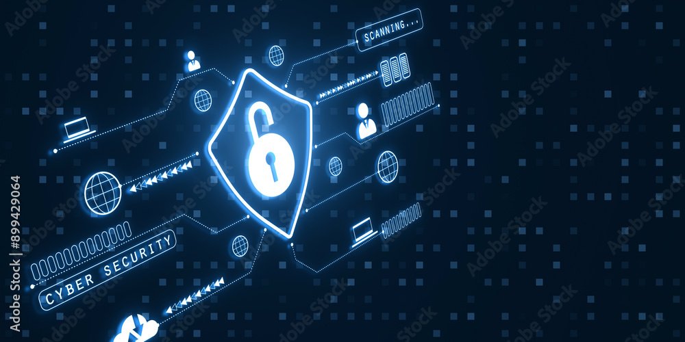 Poster Cybersecurity lock icon on hologram background concept. 3D Rendering