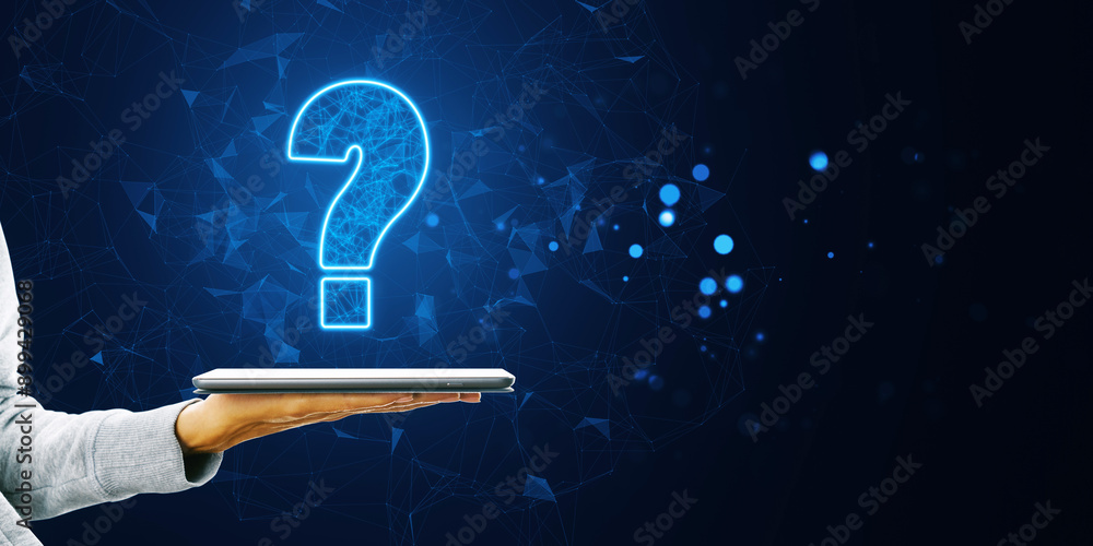 Poster digital question mark floating above tablet on dark blue background.