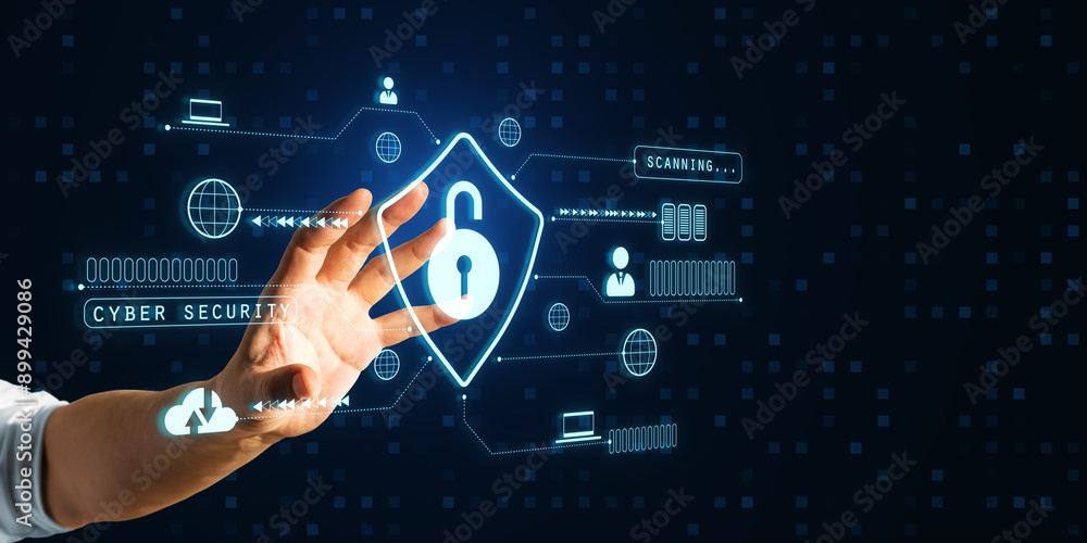 Poster hand interacting with a cybersecurity hologram interface on a dark background.