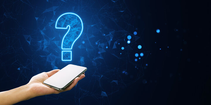 Hand holding smartphone with glowing question mark over dark background.