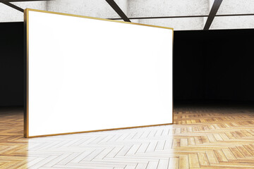 Blank white canvas in gallery room with wooden floor. 3D Rendering