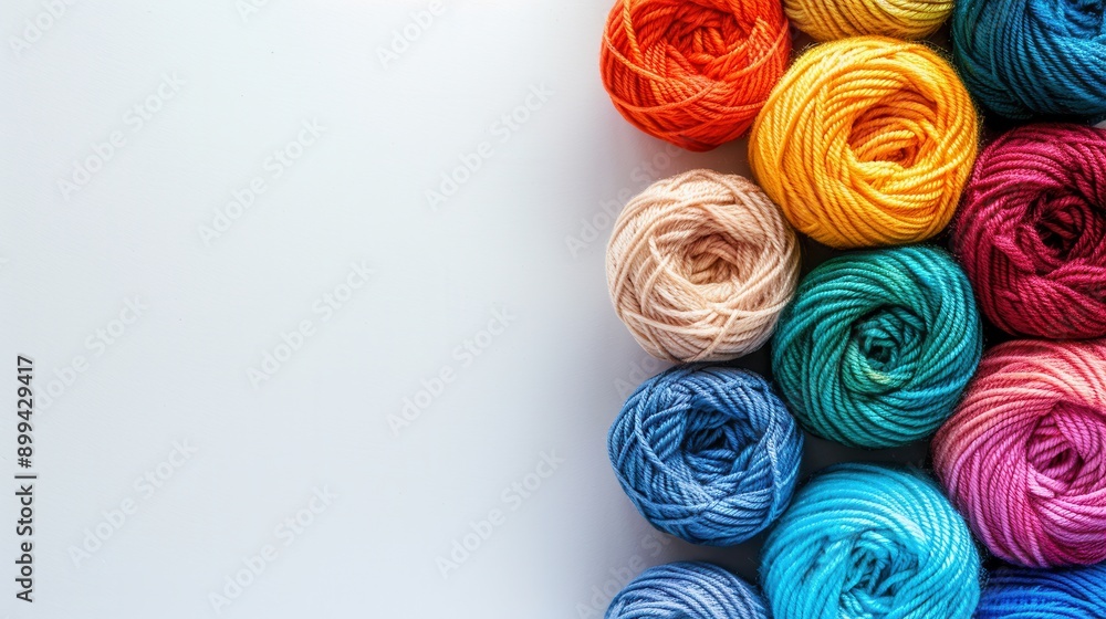 Aufkleber Brightly colored yarn rolls are neatly arranged in a grid format on a clean white background, creating an inviting space for crafting ideas. Generative AI