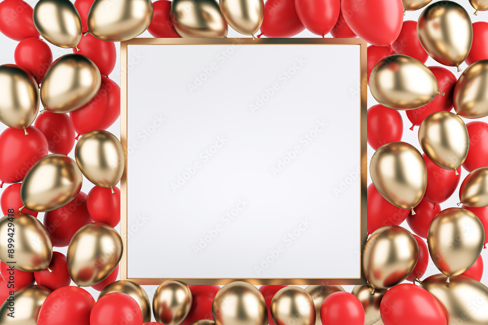 Aufkleber blank white frame surrounded by red and gold balloons on white background. 3d rendering