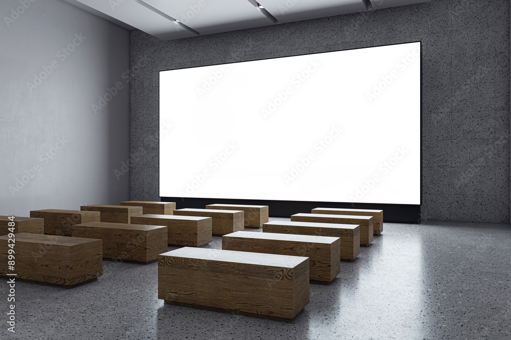 Poster modern cinema hall with empty screen and wooden benches. 3d rendering