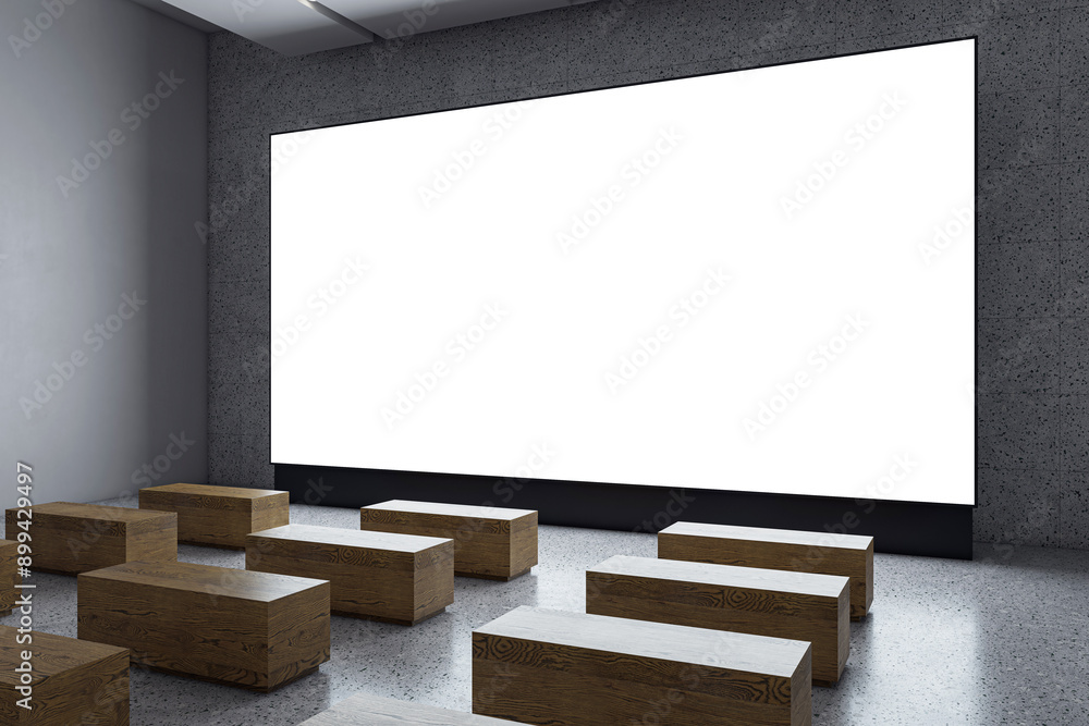 Poster empty cinema hall with wooden benches and large blank screen. 3d rendering