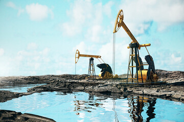 Oil derricks extracting resources on a clear day. 3D Rendering