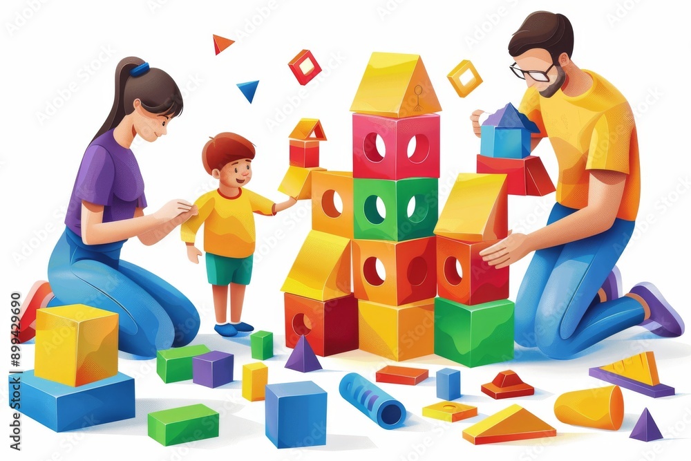 Poster Children playing with building blocks in a colorful illustrated environment symbolizing creativity learning and fun
