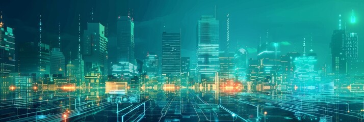 Futuristic Cityscape: Translucent Line Graphics Blend with Vibrant Street Scenery, Showcasing Smart City Concept in Business Hub, Graphic design, Wallpapers, Brochure, Websites, banner, Advertising, 