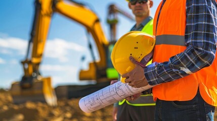 Construction workers on site with excavator in background, holding blueprint and safety helmet. Planning and project discussion.