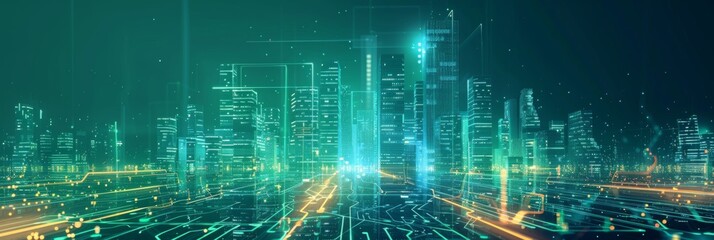 Futuristic Cityscape: Translucent Line Graphics Blend with Vibrant Street Scenery, Showcasing Smart City Concept in Business Hub, Graphic design, Wallpapers, Brochure, Websites, banner, Advertising, 