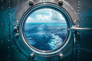 beautiful tropical sea view in porthole of the ship