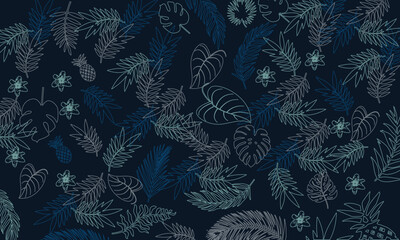 Outline tropical palm leaves patchwork wallpaper vintage vector seamless pattern for fabric shirt beach towel tablecloth pillow wrapping design