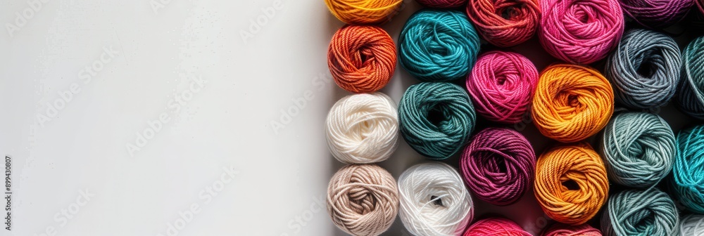 Poster A vibrant assortment of yarn rolls is neatly organized in a grid, providing plenty of space for text and creative project ideas. Generative AI
