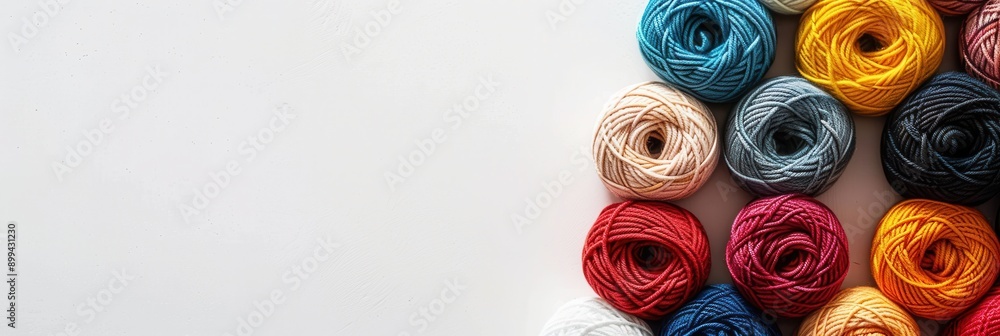 Poster a grid of vibrant yarn rolls in various colors is displayed on a white background, providing a creat
