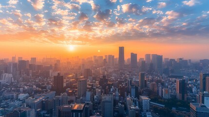 Fototapeta premium Expansive Panoramic View of Bustling City Under Cloudy Skies
