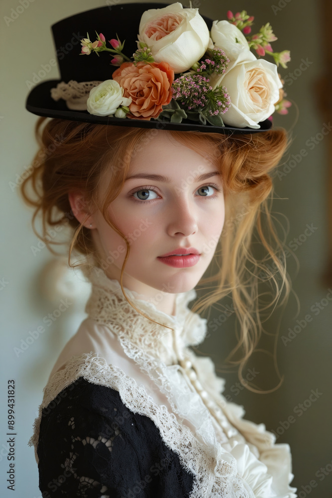 Canvas Prints A woman wearing a black top hat with flowers on it.