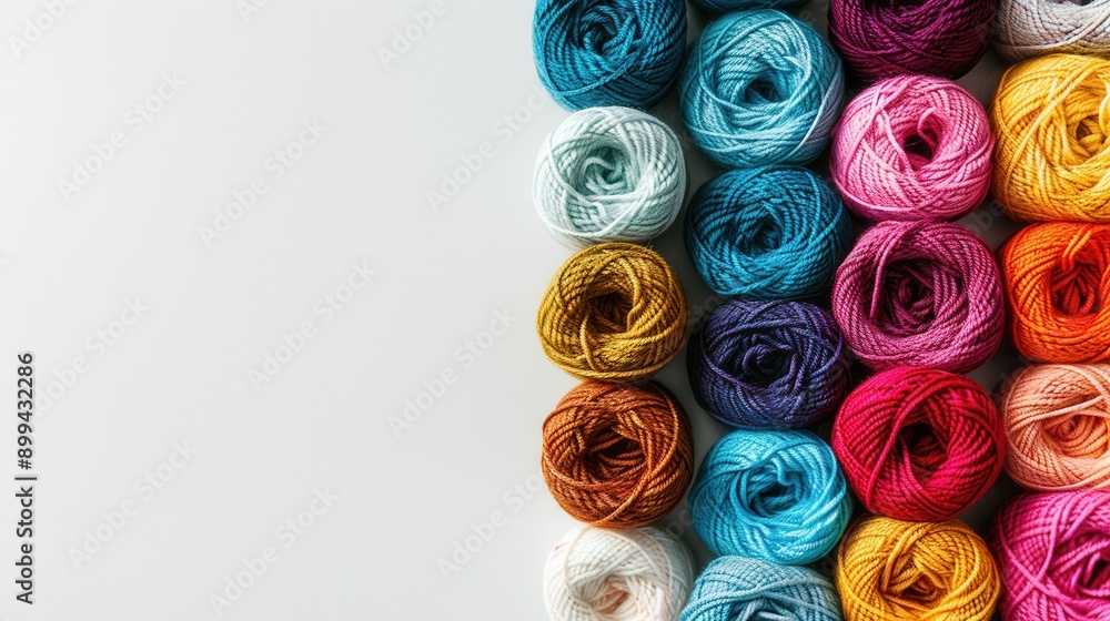 Aufkleber A vibrant array of yarn rolls in assorted colors is displayed on a white surface, providing ample space for creative text placement. Generative AI