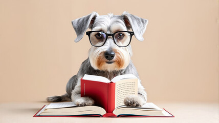 Adorable Dog Wearing Glasses Reading a Book - Cute Pet Photo for Literary and Educational Themes