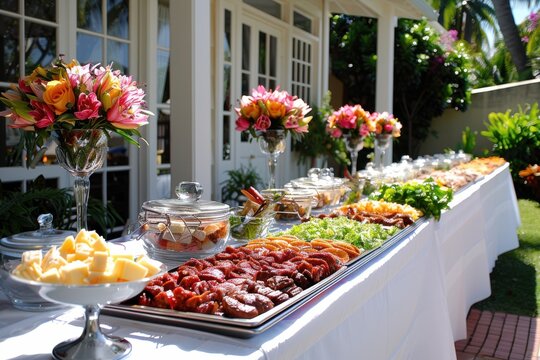 An elegant outdoor buffet setup with an array of dishes, floral arrangements, and a bright, inviting atmosphere.