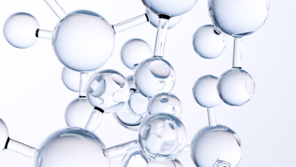 molecules or atoms, molecular structure, biochemical. chemical formula, fluid flow. Water Liquid Bubbles, atoms floating, skin care Cosmetics, Vitamin, pharmaceutical beauty medical concept, 3d render