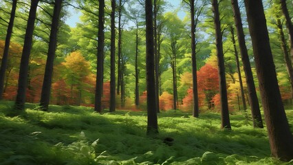 Obraz premium High-definition forest scenery photo, refreshing atmosphere of the forest, and trees scene photo
