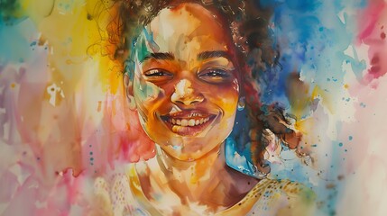 A girl with a joyful smile, painting with watercolors.