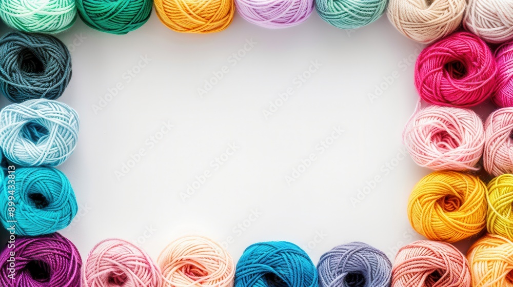 Aufkleber Colorful yarn rolls are neatly arranged in a grid pattern on a white background, creating space for text placement and design elements. Generative AI
