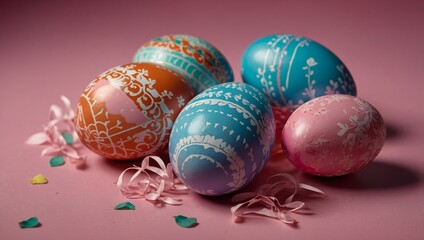 Obraz premium generative AI Happy Easter holiday! Colorful hand-painted Easter eggs in a decorative nest on pink background. 
