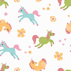 Seamless pattern with cute unicorns. A mythological and magical creature. Design for fabric, textiles, wallpaper, packaging.	