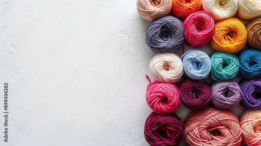 Aufkleber Colorful yarn rolls create a vibrant grid against a white background, offering ample space for text and perfect for various crafting projects. Generative AI