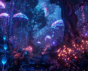 Obraz premium Neon-Lit Futuristic Forest with Bioluminescent Flora