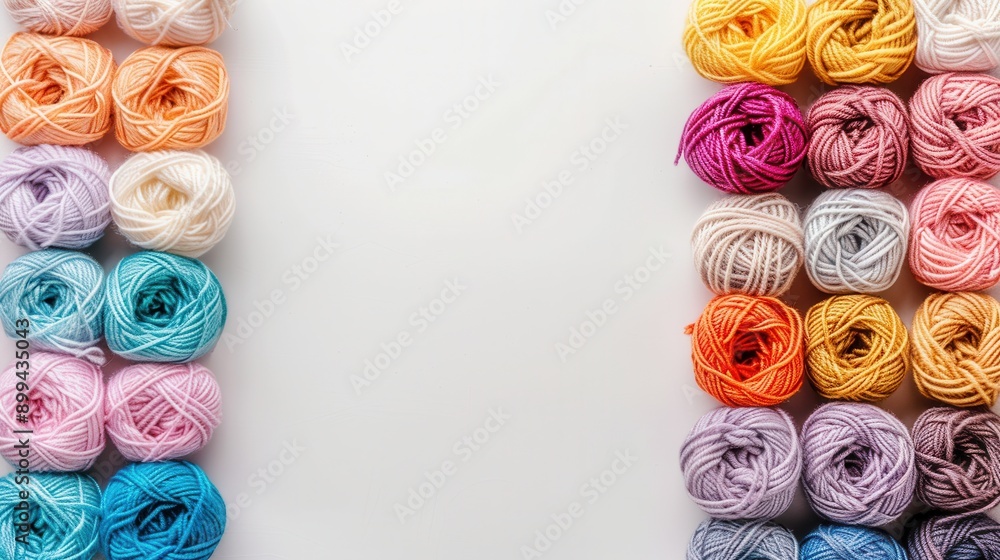 Poster A vibrant collection of yarn rolls is neatly grouped in a grid pattern on a clean white background, providing space for creative text or design elements. Generative AI