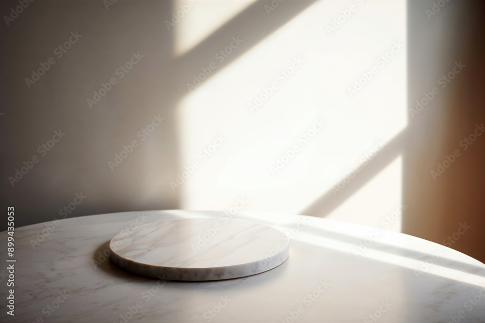 Poster Empty round marble podium on white table for product presentation with window shadow