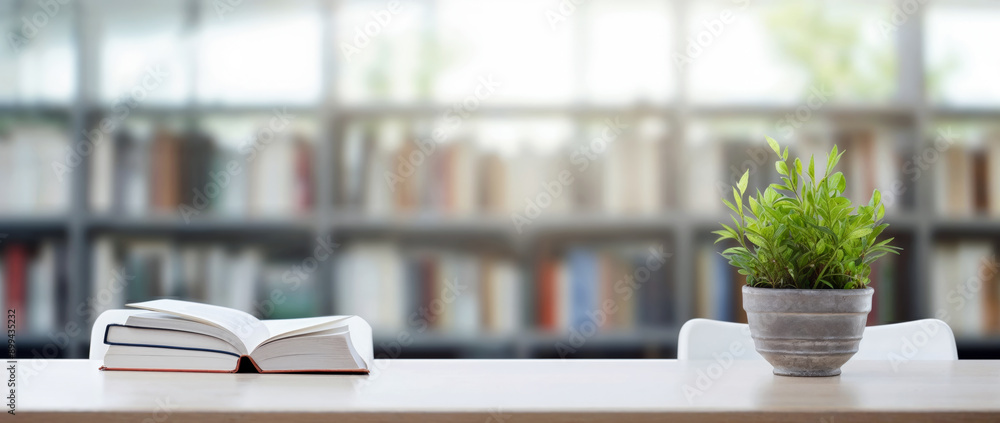 Poster Open book on a desk with a green plant in a pot, in a library background with large bookshelf