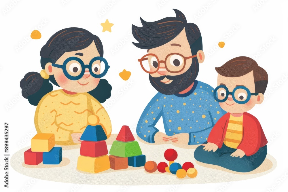 Poster family playing with building blocks symbolizing creativity learning and fun