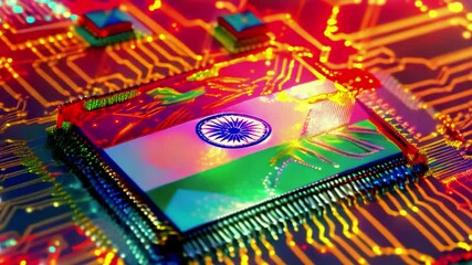 India flag print screen on Microchip processor in electronic board representing technology innovation and national pride essential component in computers and smartphones - Powered by Adobe