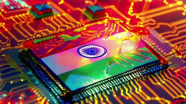 India flag print screen on Microchip processor in electronic board representing technology innovation and national pride essential component in computers and smartphones