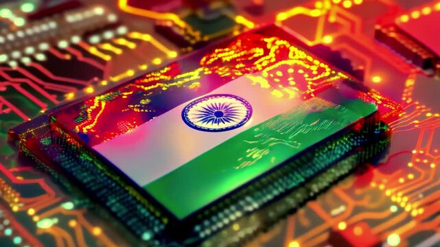 India flag print screen on Microchip processor in electronic board representing technology innovation and national pride essential component in computers and smartphones