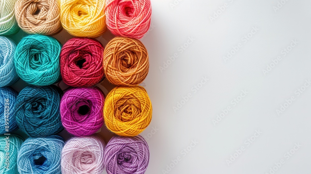 Poster A vibrant display of yarn rolls in a grid layout, inviting creativity with ample space for adding personalized text or designs. Generative AI