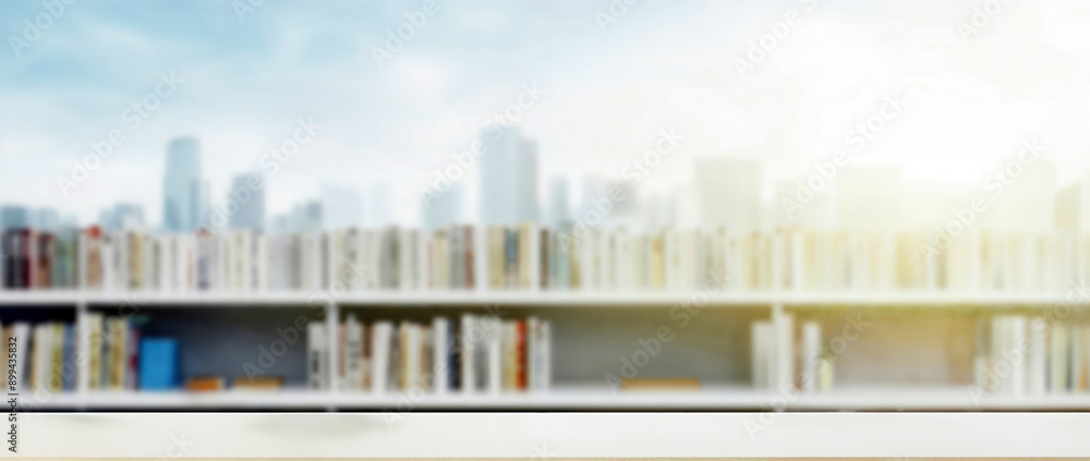 Poster Empty white table with bookshelf and cityscape background, perfect for displaying products or text