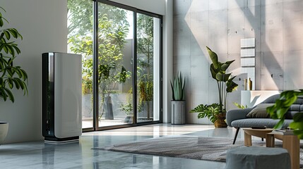Fototapeta premium Heater in a cozy modern room with floor-to-ceiling windows during the cold season
