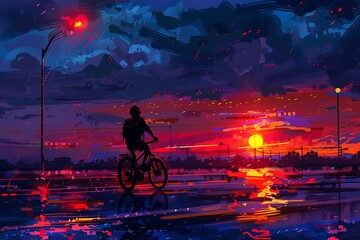 person riding a bike  when sun set